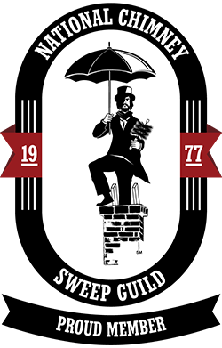 National Chimney Sweep Guild - Chimney Sweep sitting in oblong circle on top of chimney with umbrella